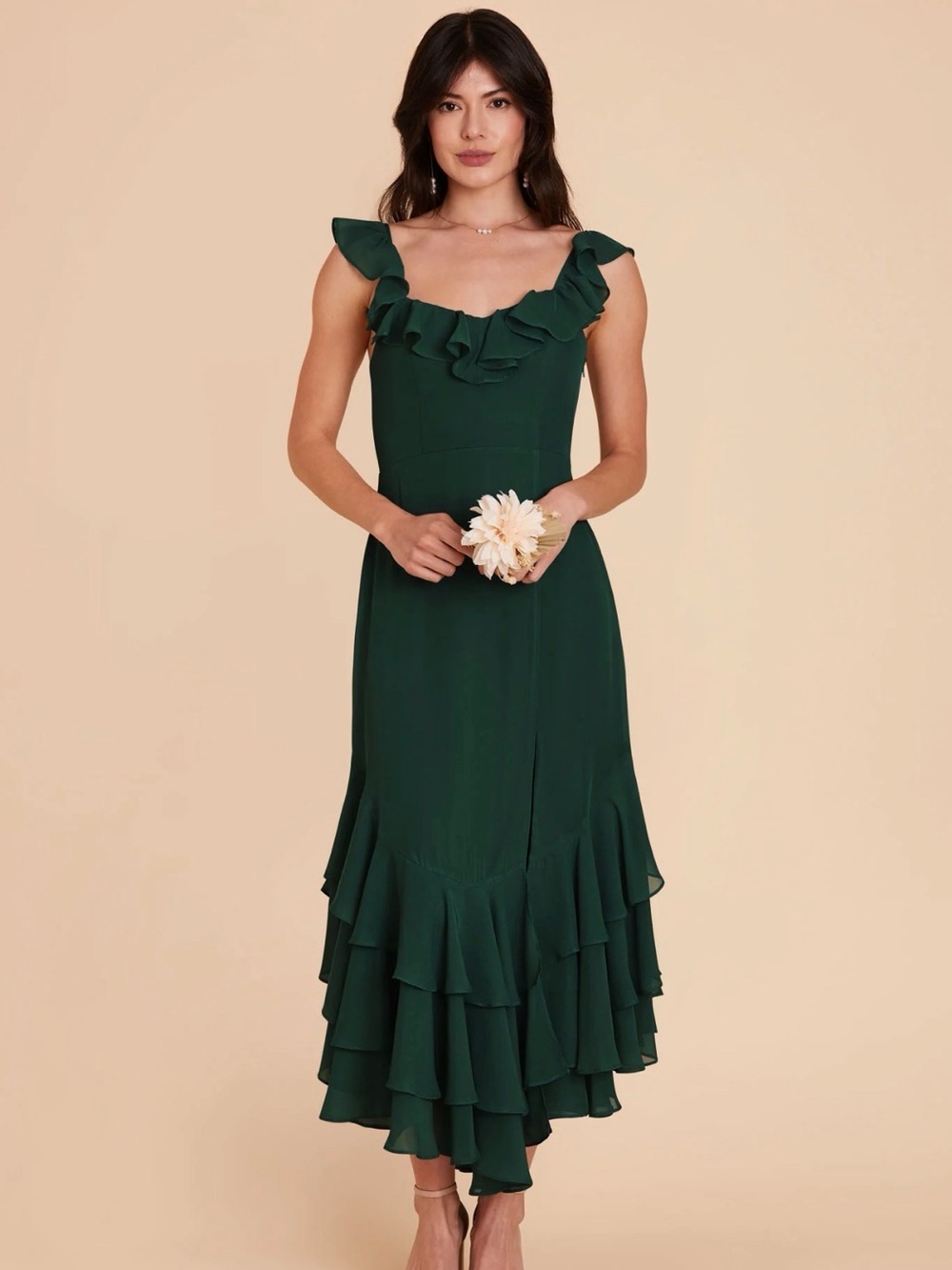 Ginny dress in Chiffon- Birdy Grey Forest Green Ruffle Midi Dress